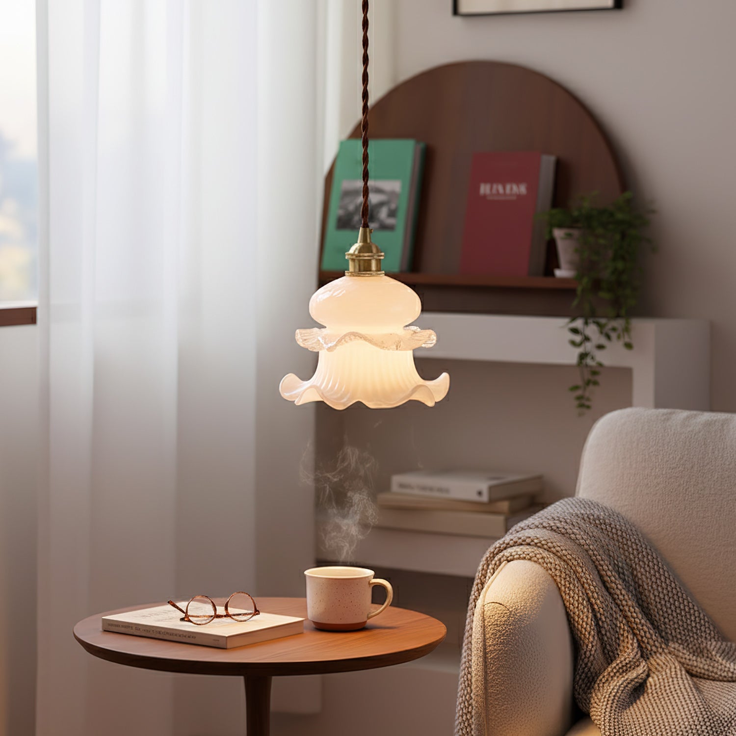 Vintage Brass Flower-Shaped Glass Pendant Light