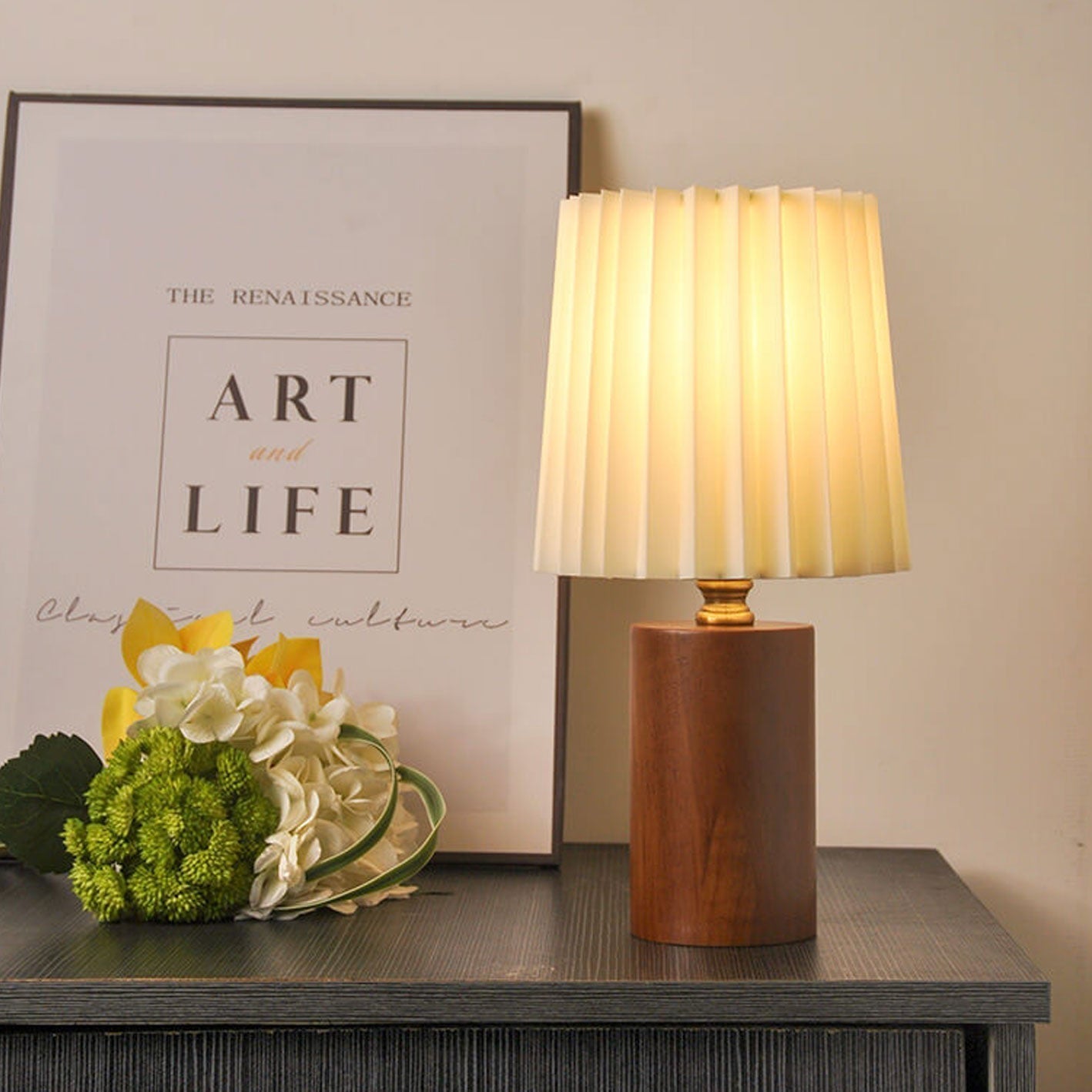 LED Table Lamp Vintage Style Pleated Shade Warm Light