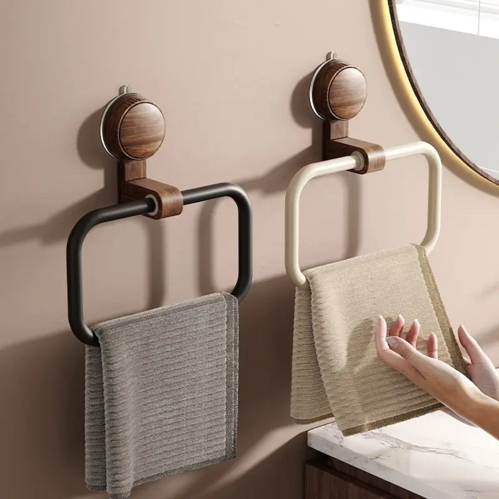 Hand Towel Holder, Wood Aluminum Construction, Suction Mount, Wall Mounted