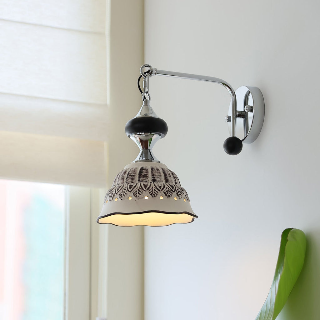 Ceramic Scalloped Shade Wall Sconce, Chrome & Oak