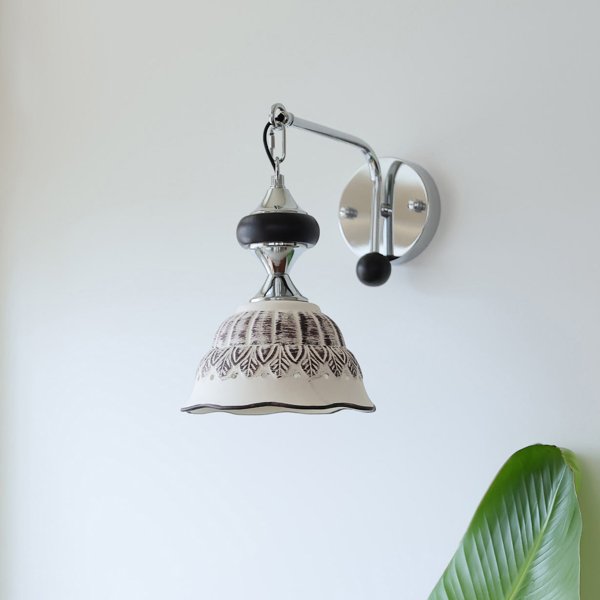 Ceramic Scalloped Shade Wall Sconce, Chrome & Oak