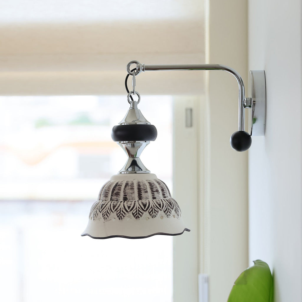 Ceramic Scalloped Shade Wall Sconce, Chrome & Oak
