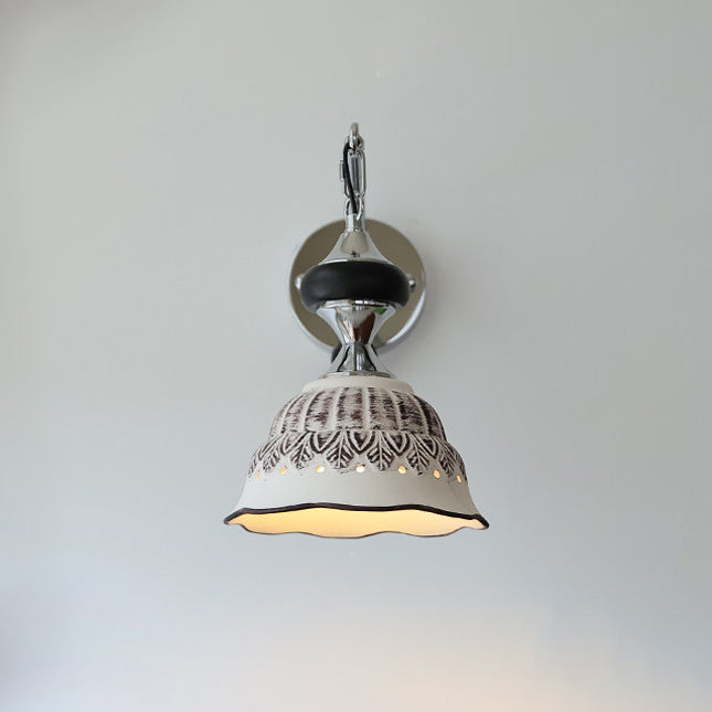 Ceramic Scalloped Shade Wall Sconce, Chrome & Oak