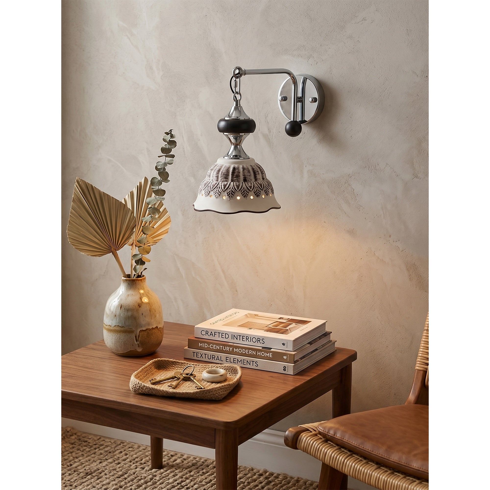 Ceramic Scalloped Shade Wall Sconce, Chrome & Oak