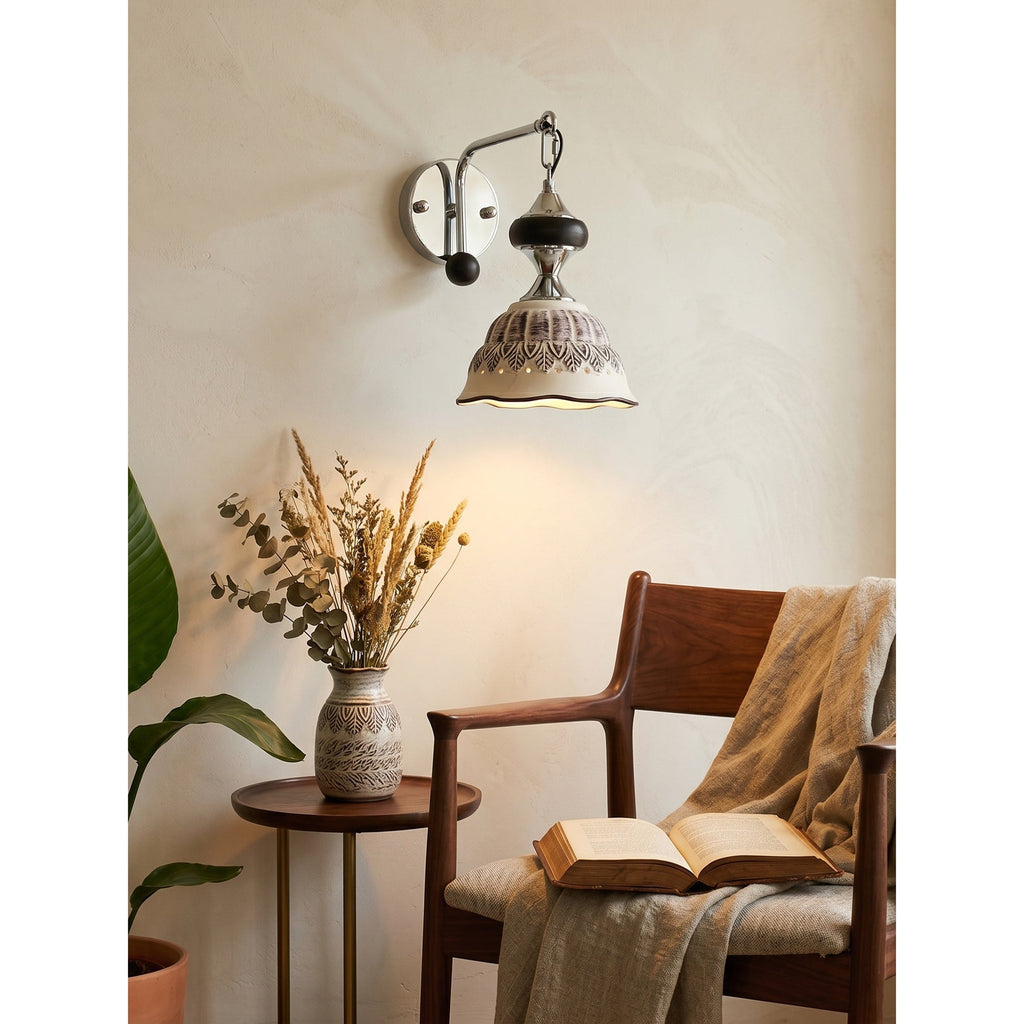 Ceramic Scalloped Shade Wall Sconce, Chrome & Oak