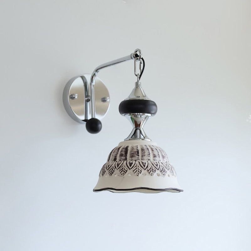 Ceramic Scalloped Shade Wall Sconce, Chrome & Oak