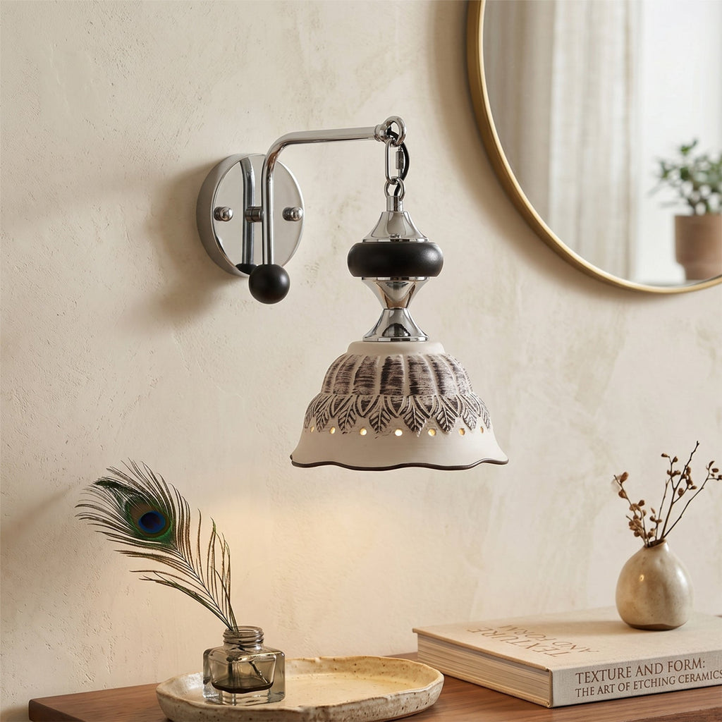 Ceramic Scalloped Shade Wall Sconce, Chrome & Oak