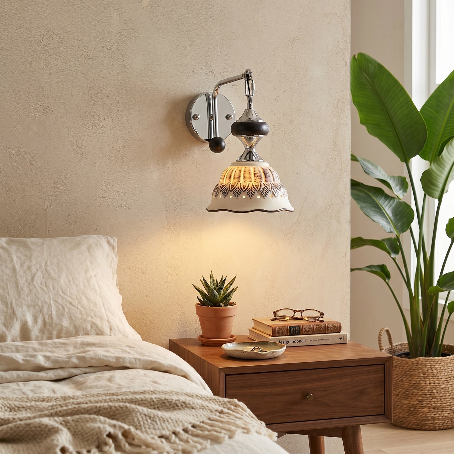Ceramic Scalloped Shade Wall Sconce, Chrome & Oak