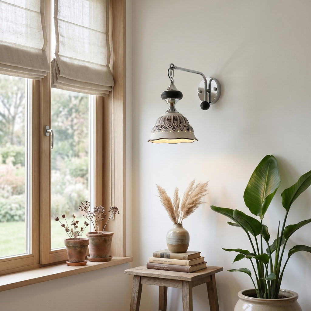 Ceramic Scalloped Shade Wall Sconce, Chrome & Oak