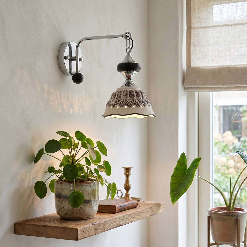 Ceramic Scalloped Shade Wall Sconce, Chrome & Oak