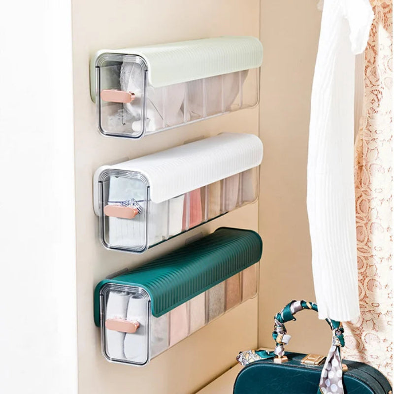 Wall Mounted Underwear Storage Box, Adjustable Dividers, Clear Window, Self Adhesive
