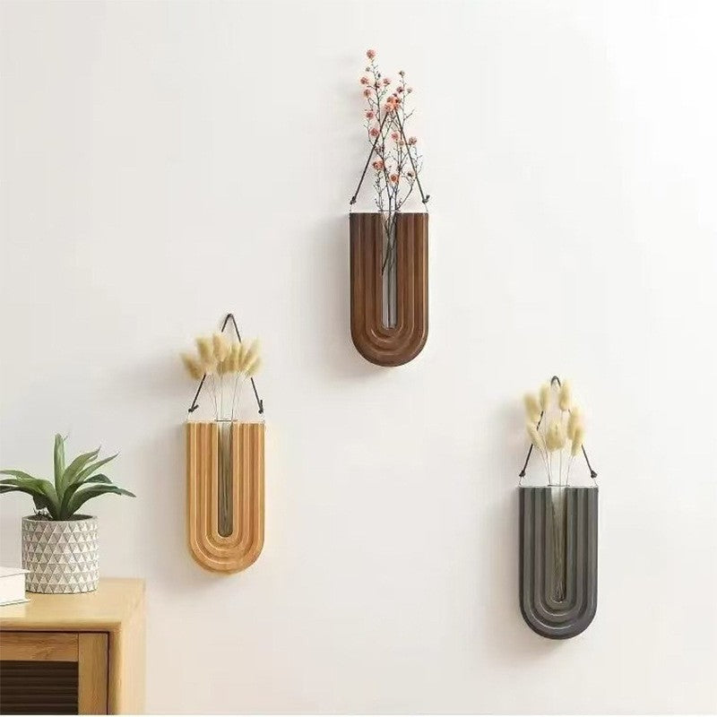 Wall-Mounted Vase Holder, Solid Wood Frame, Glass Tube Insert, Hanging Design