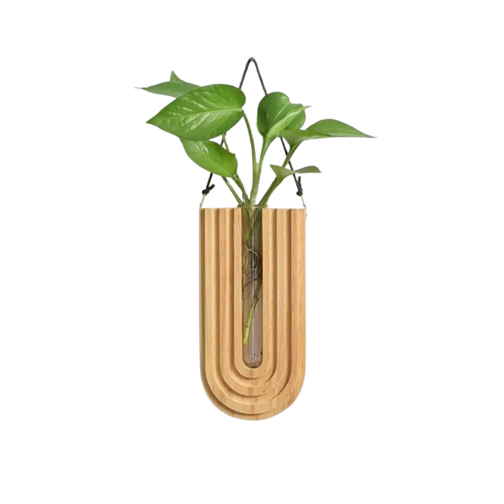 Wall-Mounted Vase Holder, Solid Wood Frame, Glass Tube Insert, Hanging Design