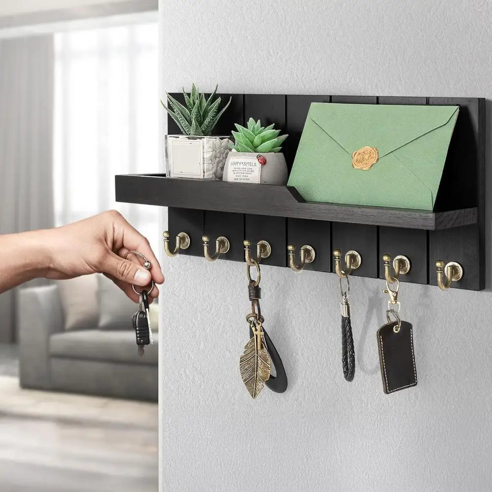 Wall Mounted Key Organizer, 7 Hooks, Storage Shelf, Entryway Design