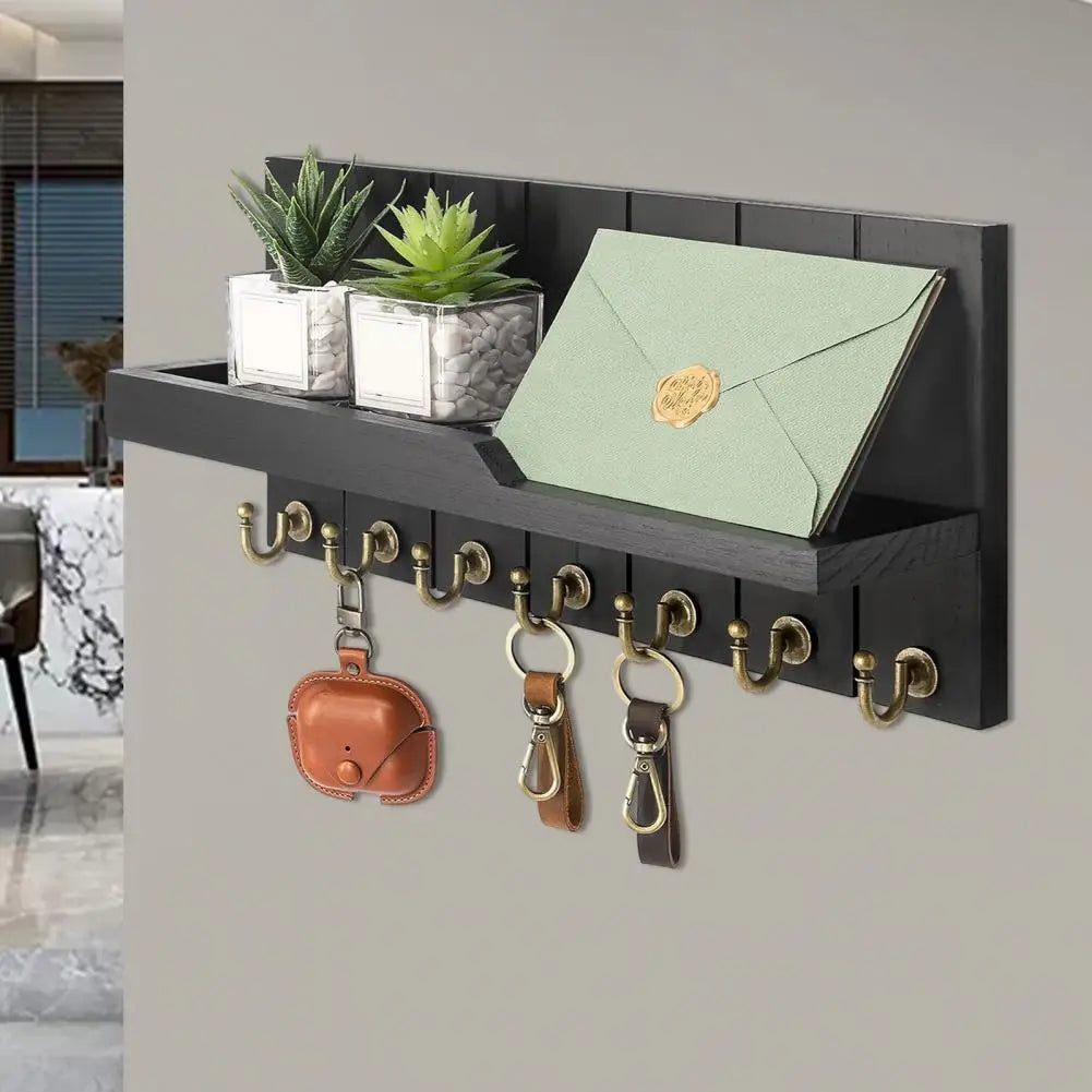 Wall Mounted Key Organizer, 7 Hooks, Storage Shelf, Entryway Design