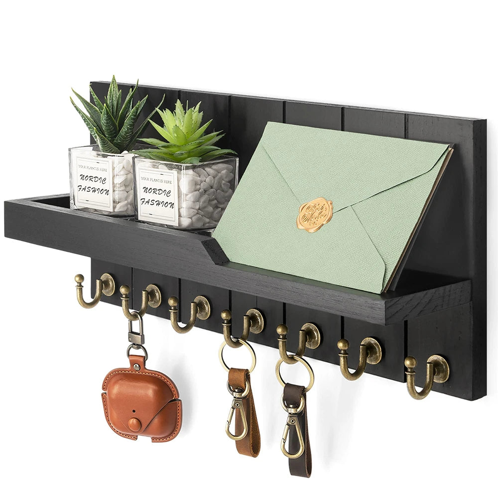 Wall Mounted Key Organizer, 7 Hooks, Storage Shelf, Entryway Design
