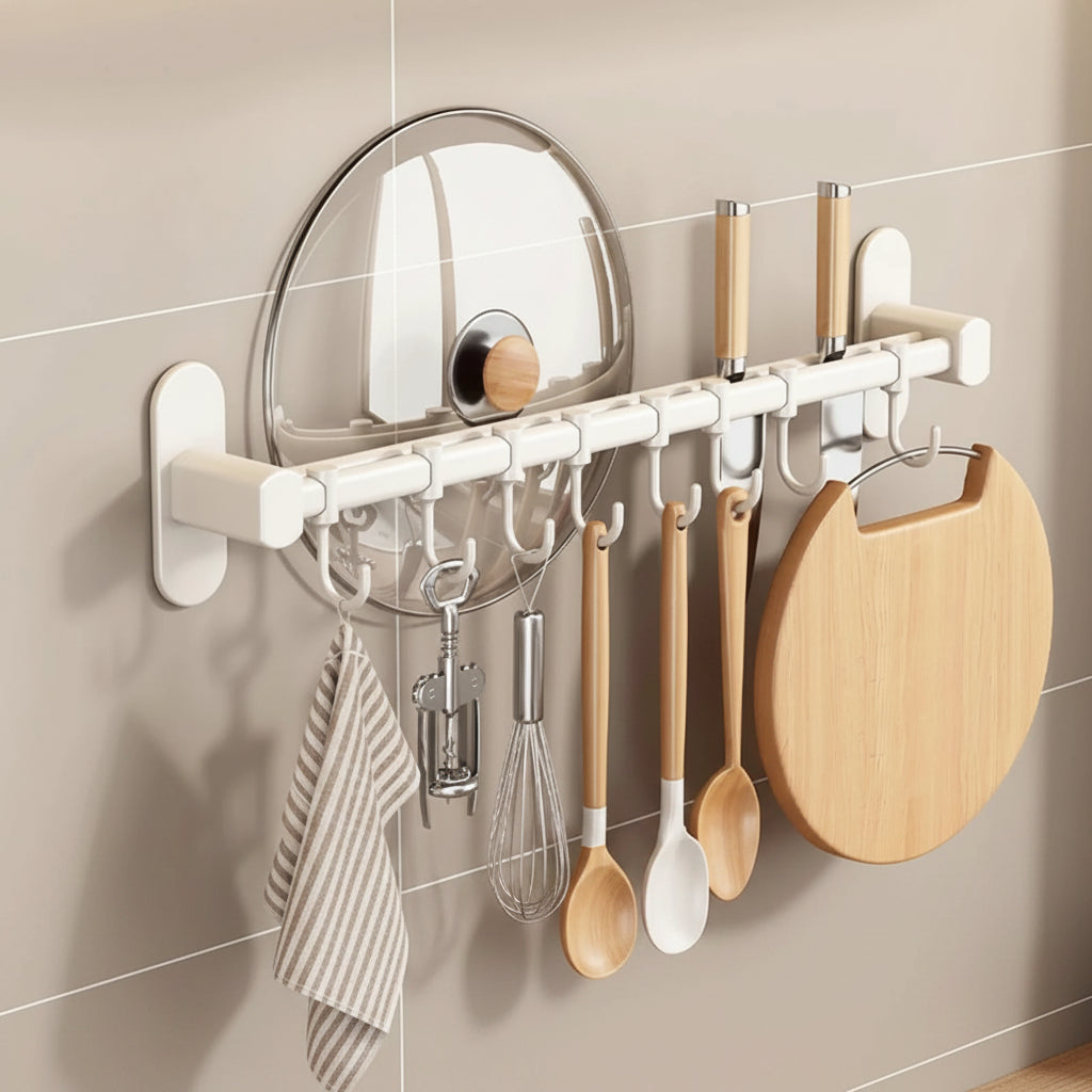 Wall Mounted Kitchen Hook Rack Metal Adhesive Utensil Organizer
