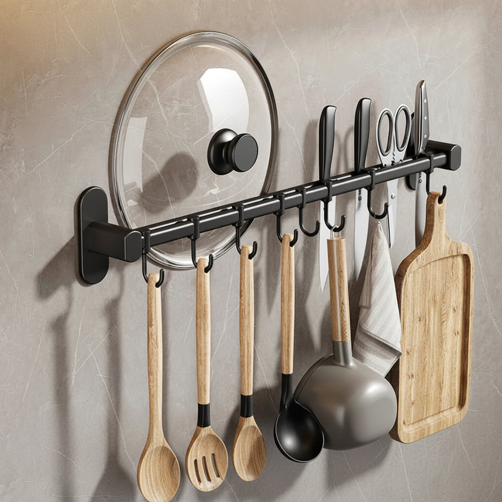 Wall Mounted Kitchen Hook Rack Metal Adhesive Utensil Organizer