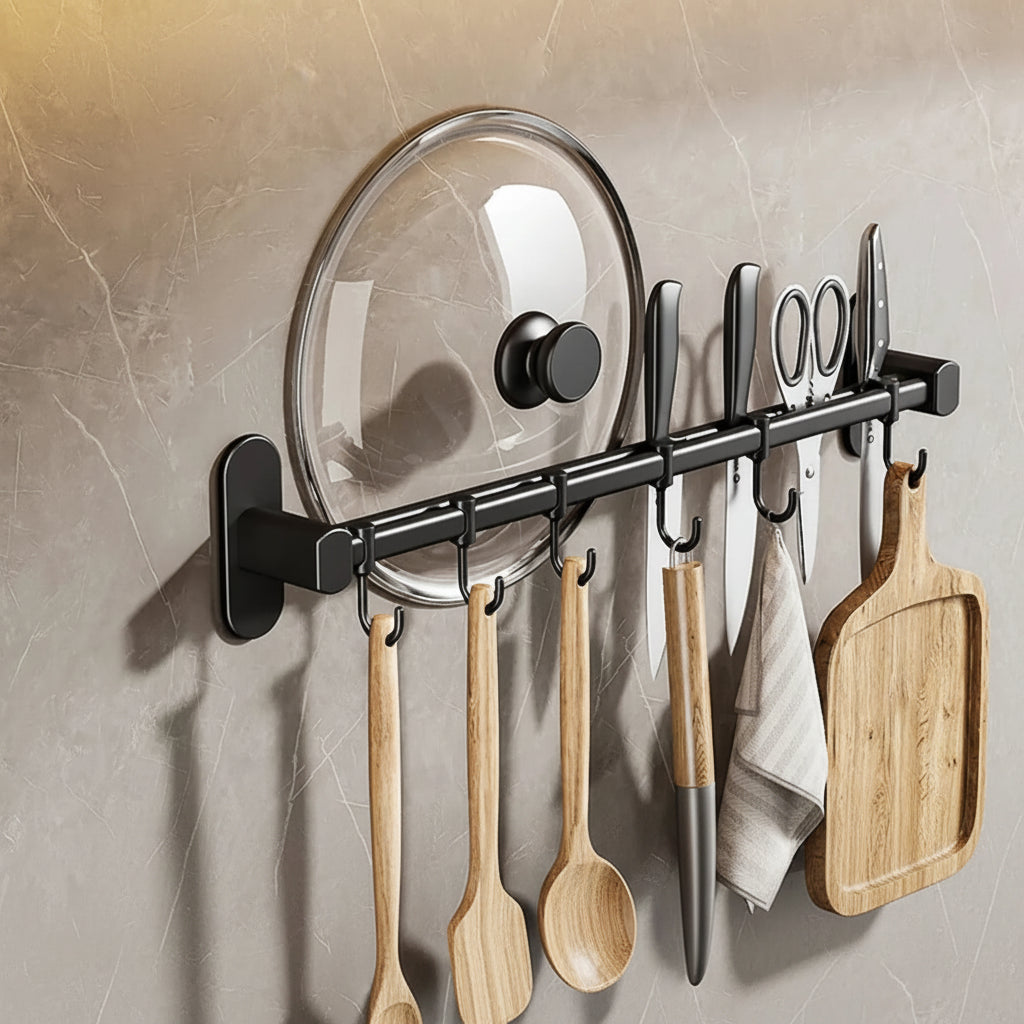 Wall Mounted Kitchen Hook Rack Metal Adhesive Utensil Organizer