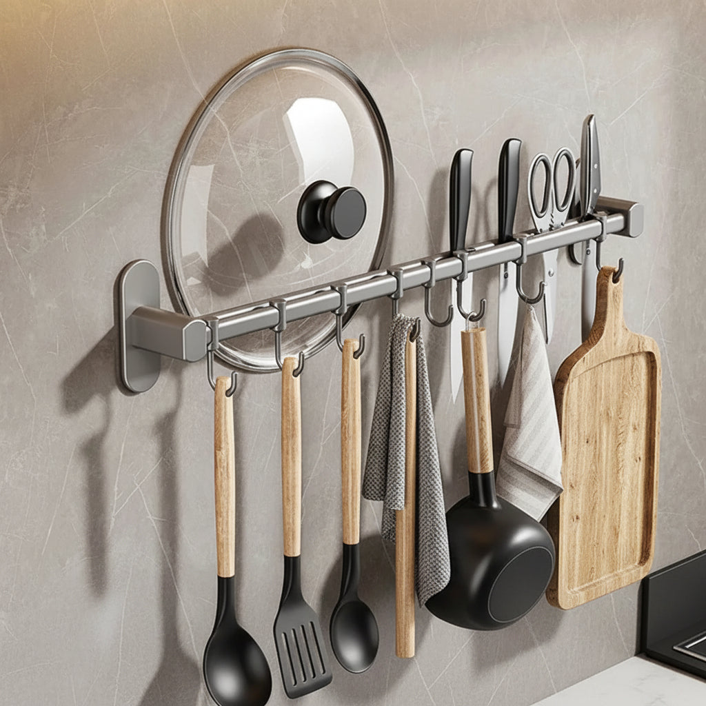 Wall Mounted Kitchen Hook Rack Metal Adhesive Utensil Organizer
