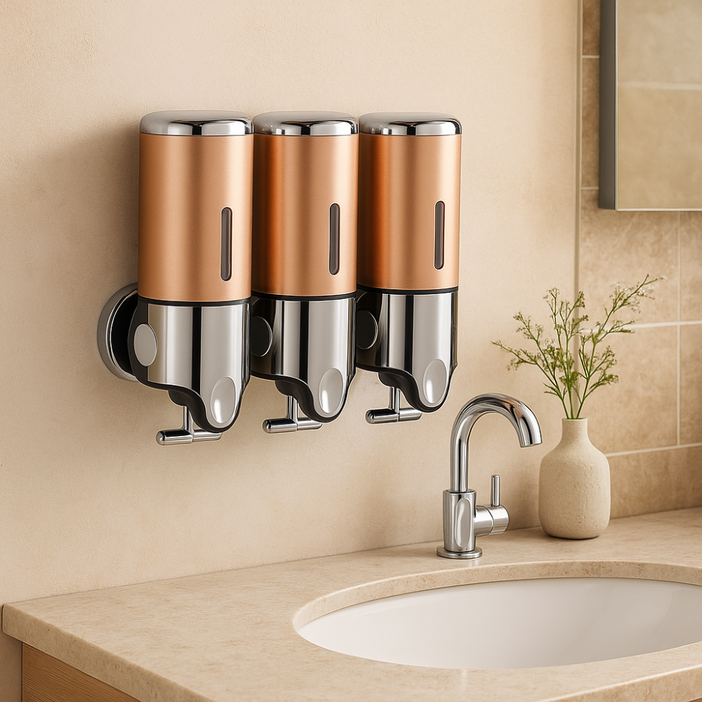 Wall Mounted Soap Dispenser Set - 3 Chamber Hand Soap and Shampoo Storage, Modern Design for Kitchen and Bathroom