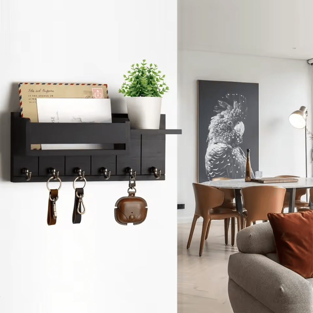 Wall Organizer with Mail Holder Solid Wood 6 Hooks Wall Mounted