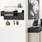 Wall Organizer with Mail Holder Solid Wood 6 Hooks Wall Mounted