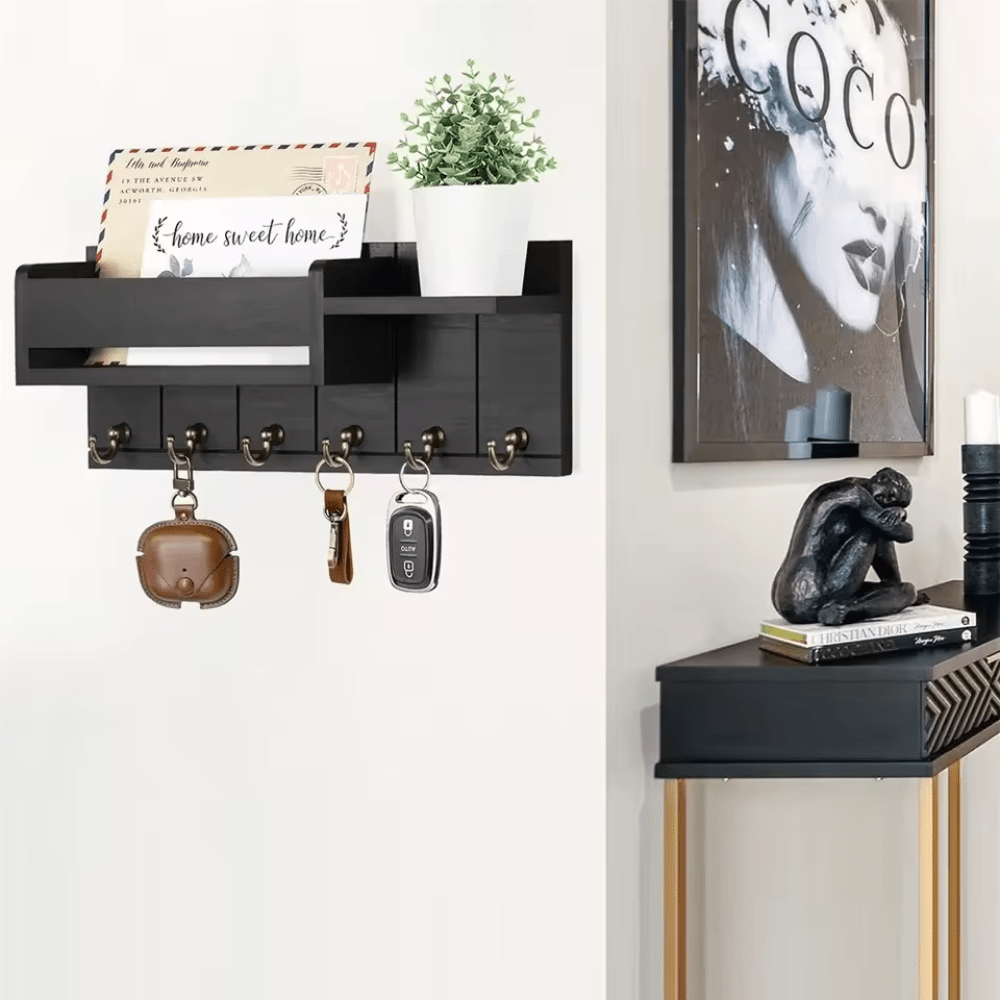 Wall Organizer with Mail Holder Solid Wood 6 Hooks Wall Mounted