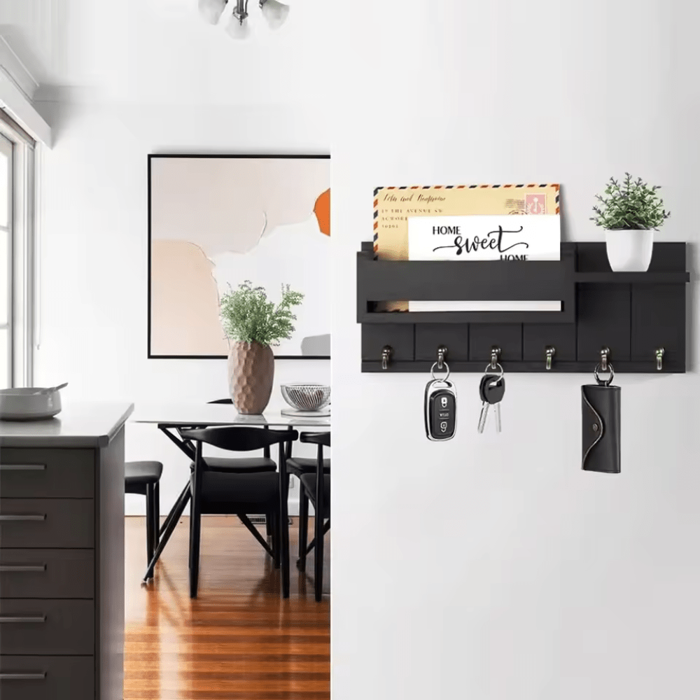 Wall Organizer with Mail Holder Solid Wood 6 Hooks Wall Mounted