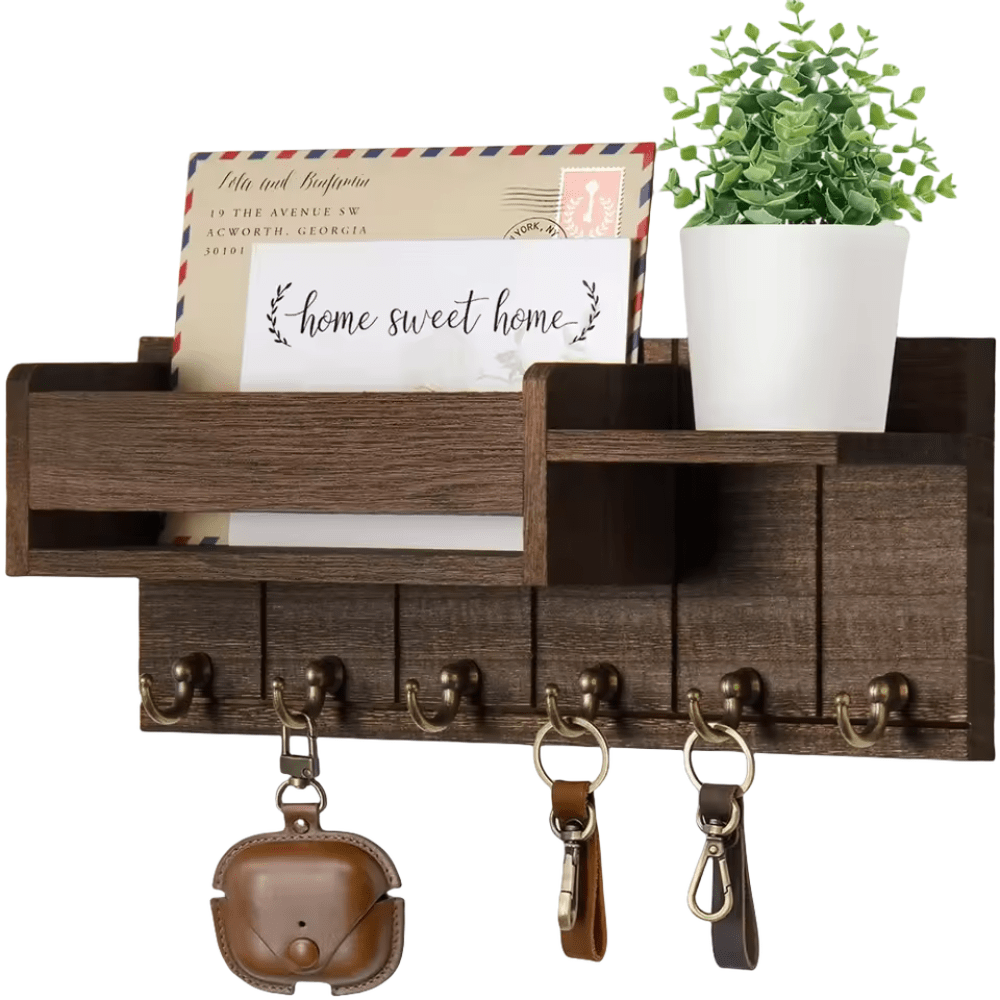 Wall Organizer with Mail Holder Solid Wood 6 Hooks Wall Mounted