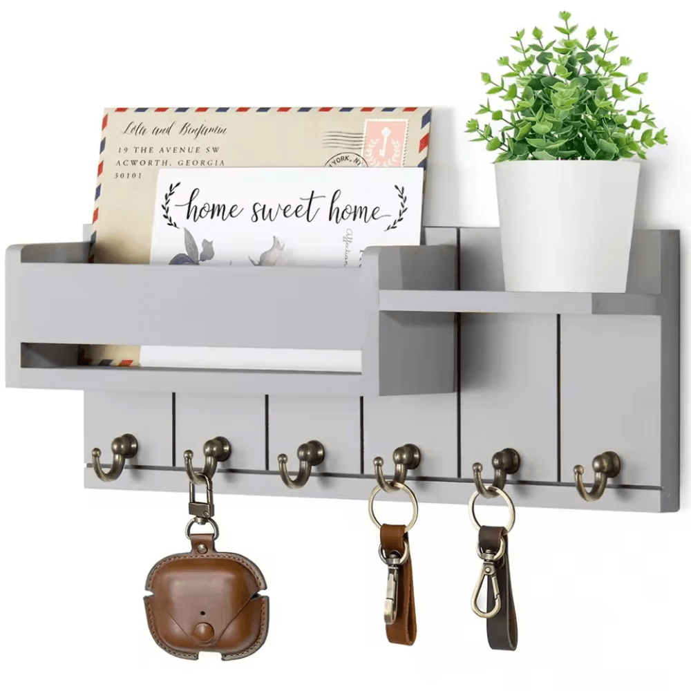 Wall Organizer with Mail Holder Solid Wood 6 Hooks Wall Mounted