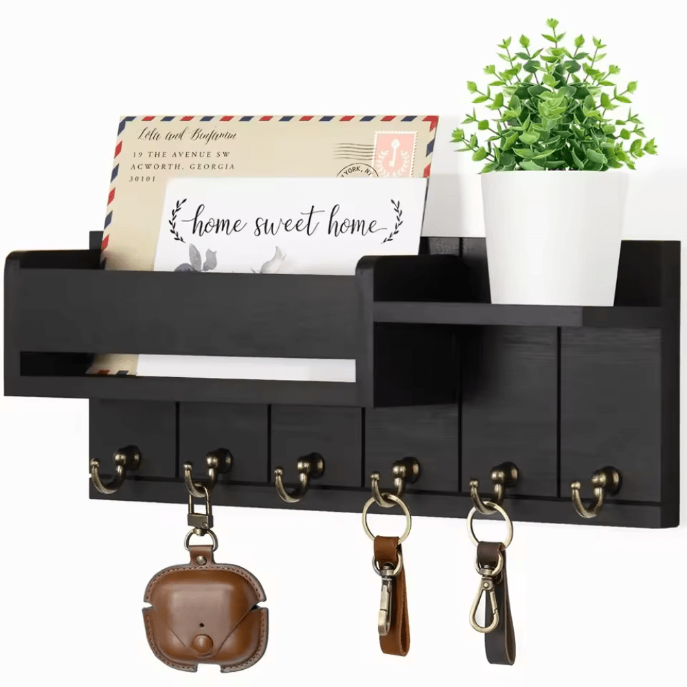 Wall Organizer with Mail Holder Solid Wood 6 Hooks Wall Mounted