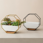 Ceramic Wall Planter with Geometric Iron Frame and Bamboo Tray