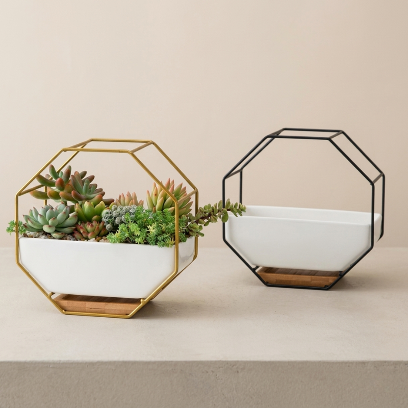 Ceramic Wall Planter with Geometric Iron Frame and Bamboo Tray