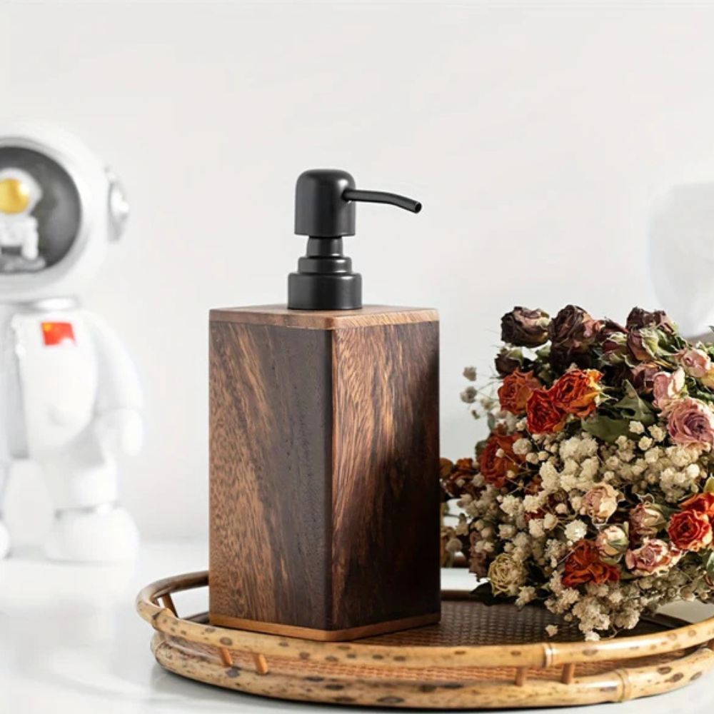 Hand Soap Dispenser, Walnut Wood, Countertop Mounting, Pump Liquid Output