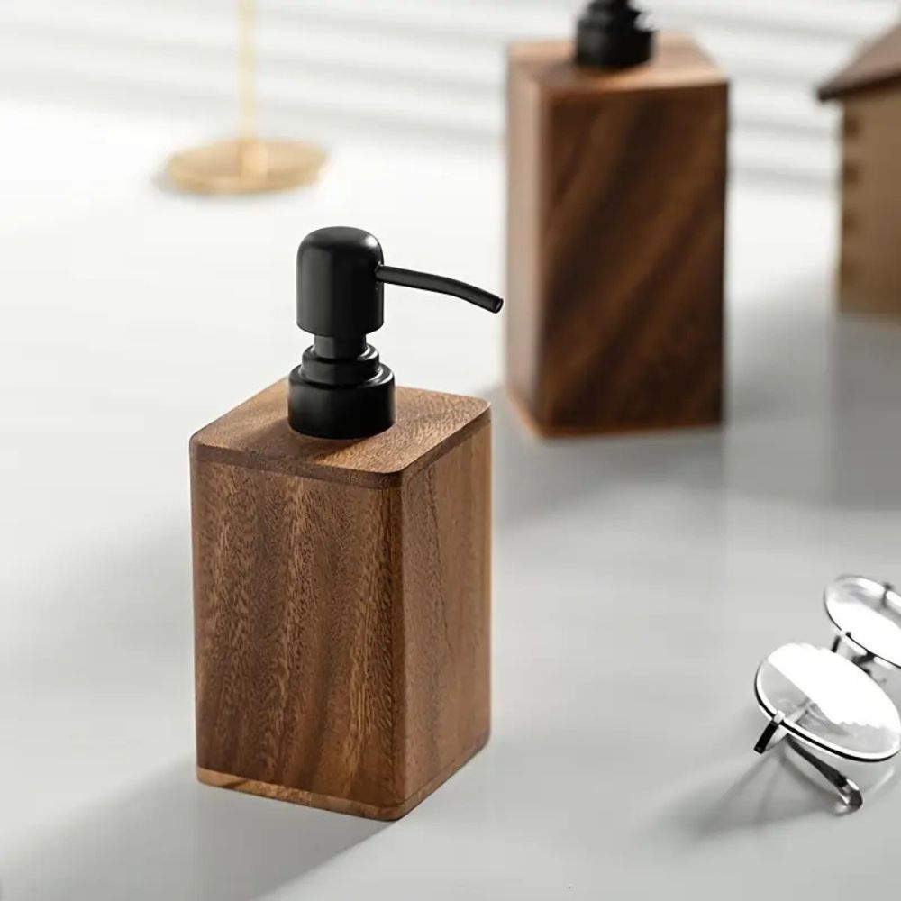 Hand Soap Dispenser, Walnut Wood, Countertop Mounting, Pump Liquid Output