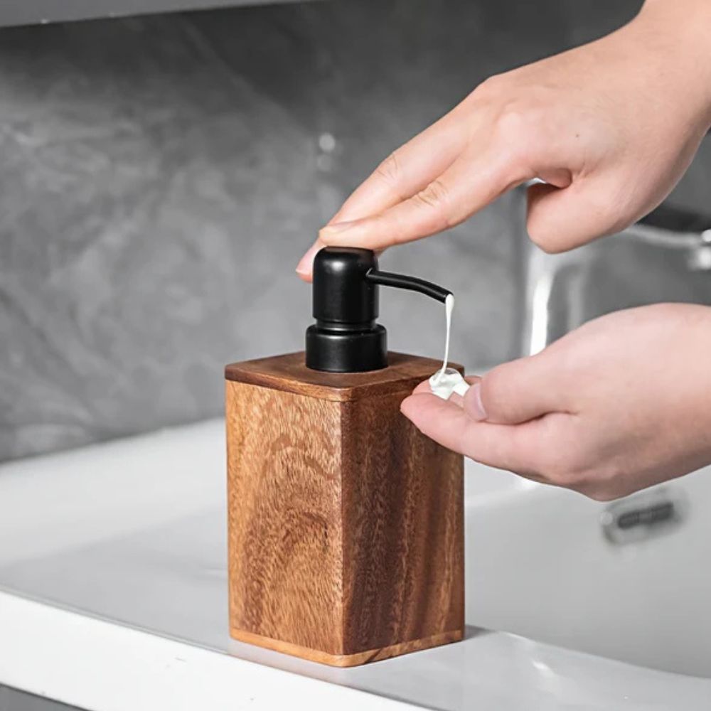 Hand Soap Dispenser, Walnut Wood, Countertop Mounting, Pump Liquid Output