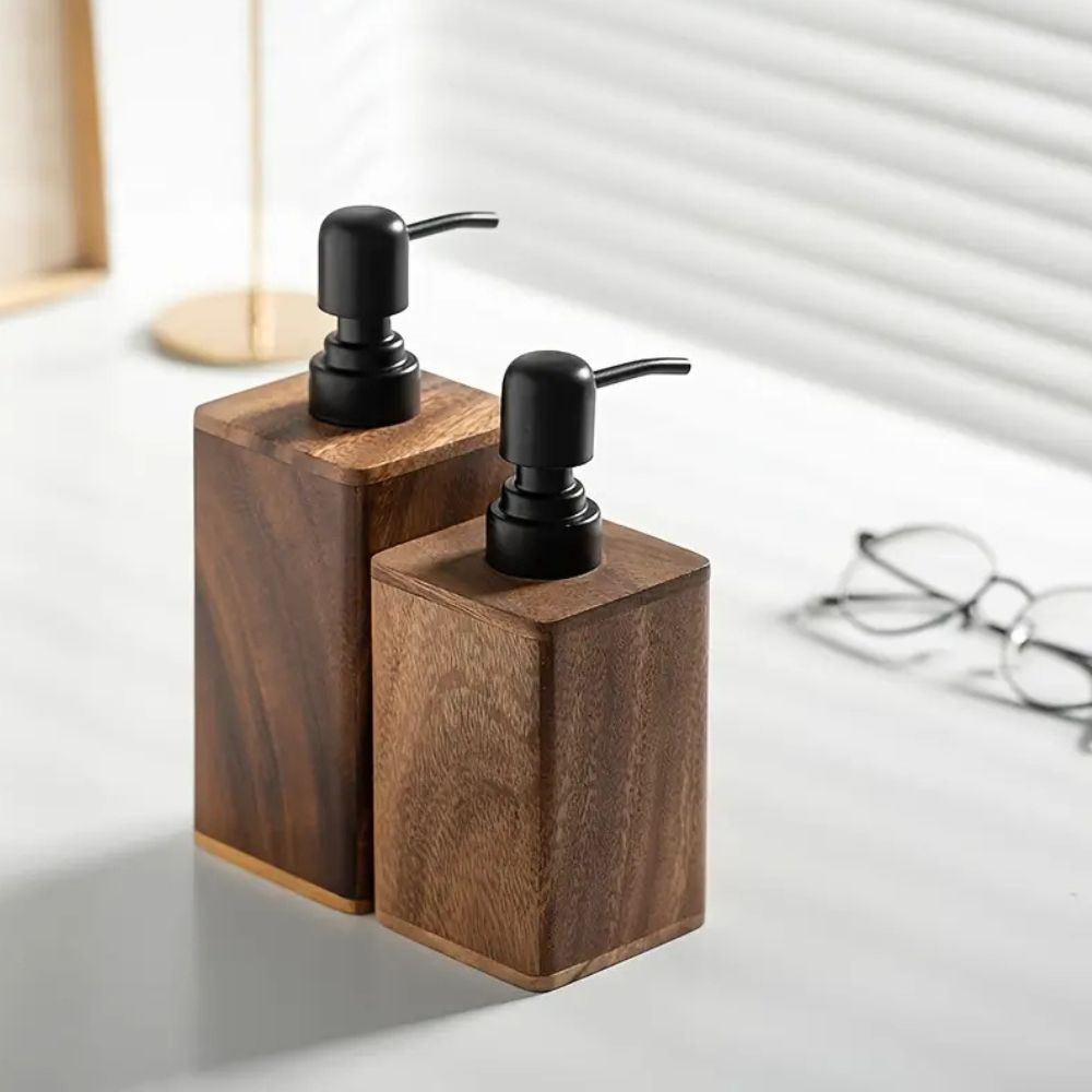 Hand Soap Dispenser, Walnut Wood, Countertop Mounting, Pump Liquid Output