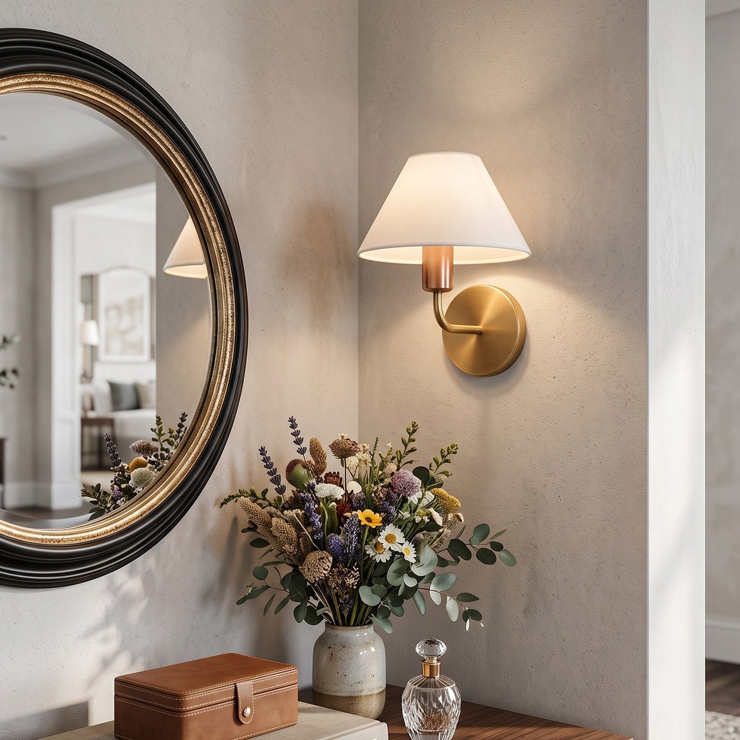 Brass Gooseneck Wall Sconce with Flared Linen Shade