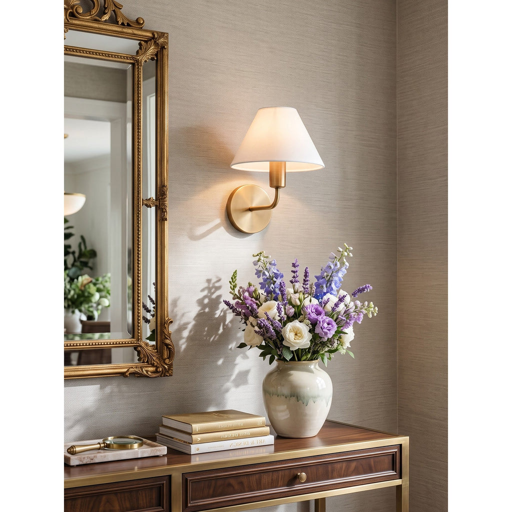 Brass Gooseneck Wall Sconce with Flared Linen Shade