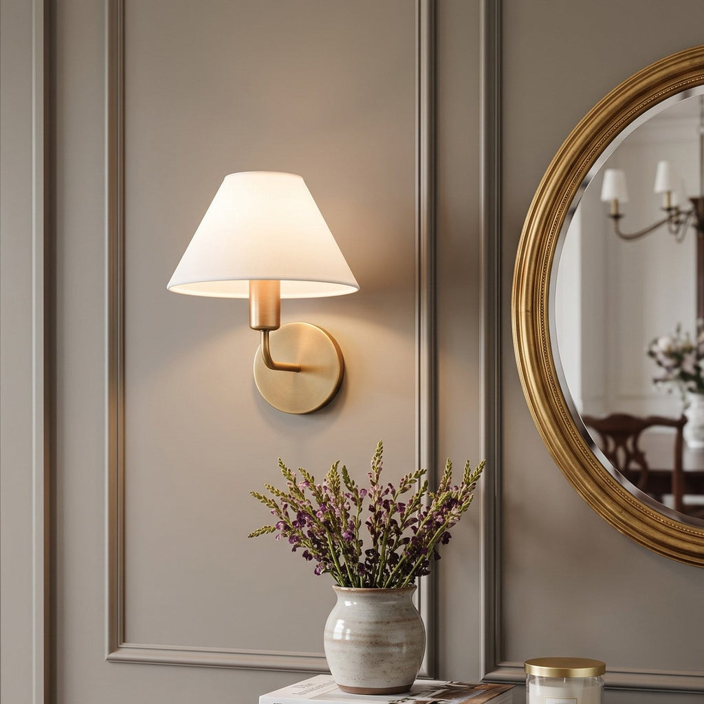 Brass Gooseneck Wall Sconce with Flared Linen Shade