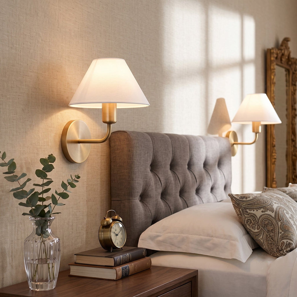 Brass Gooseneck Wall Sconce with Flared Linen Shade