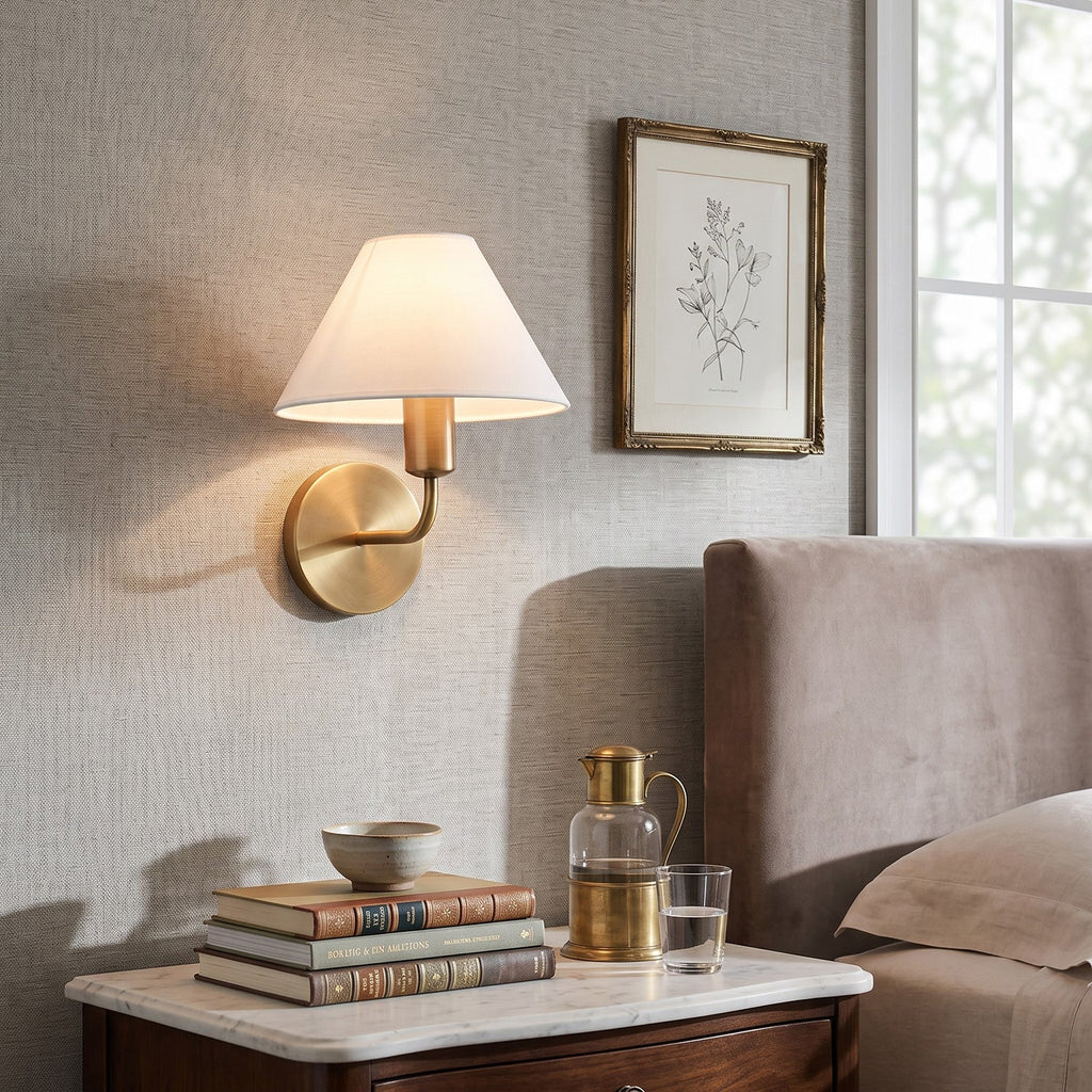 Brass Gooseneck Wall Sconce with Flared Linen Shade