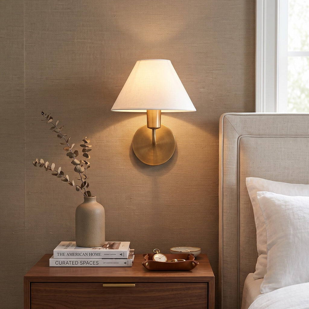 Brass Gooseneck Wall Sconce with Flared Linen Shade