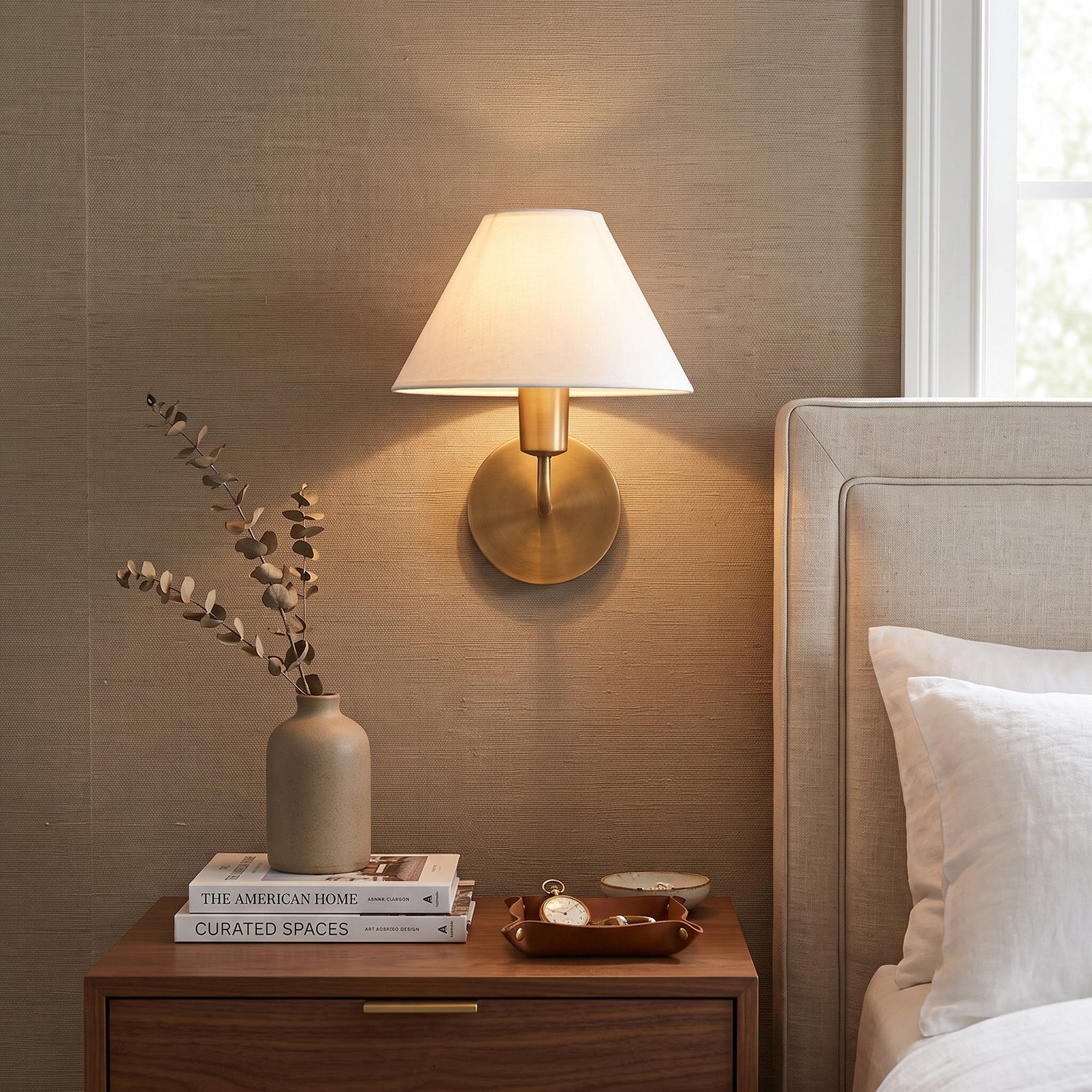 Brass Gooseneck Wall Sconce with Flared Linen Shade