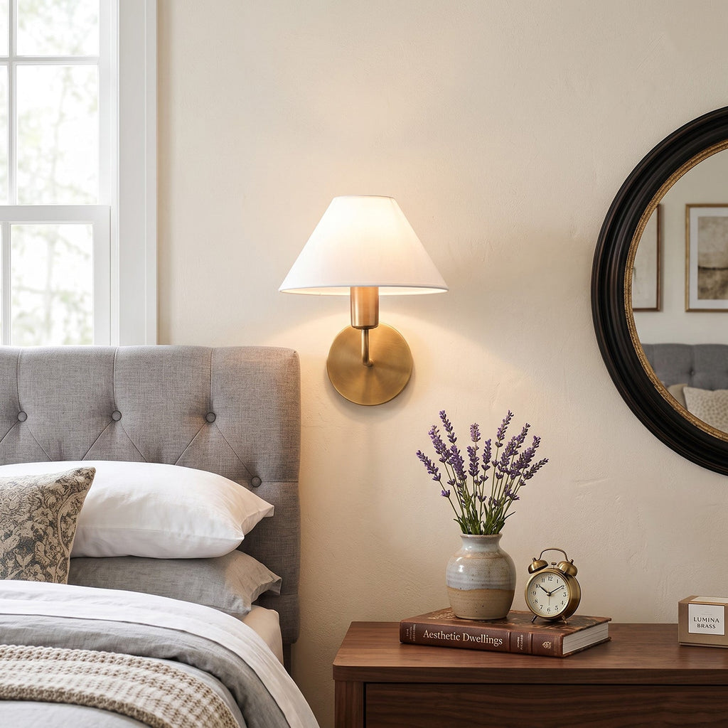 Brass Gooseneck Wall Sconce with Flared Linen Shade