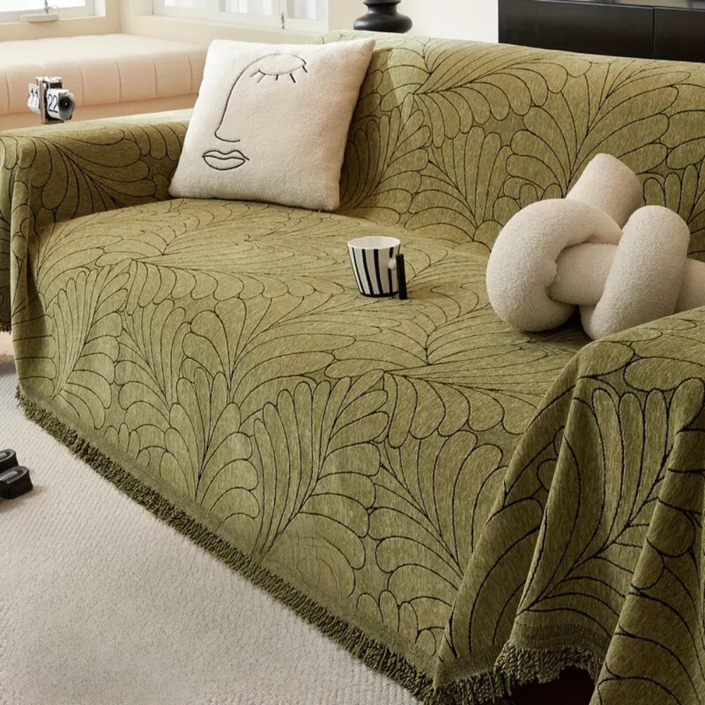 WedelEleganz: Sofa Cover in Jacquard Leaf Pattern Made of Cotton & Polyester with Reversible Design – for Sofa & Living Room