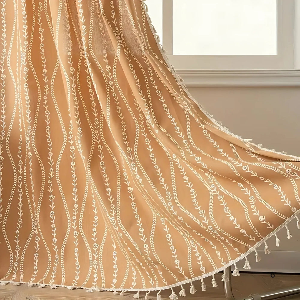 Wheat Magic: Curtain with Embroidery Pattern & Tassels – Decorative in Country House Style