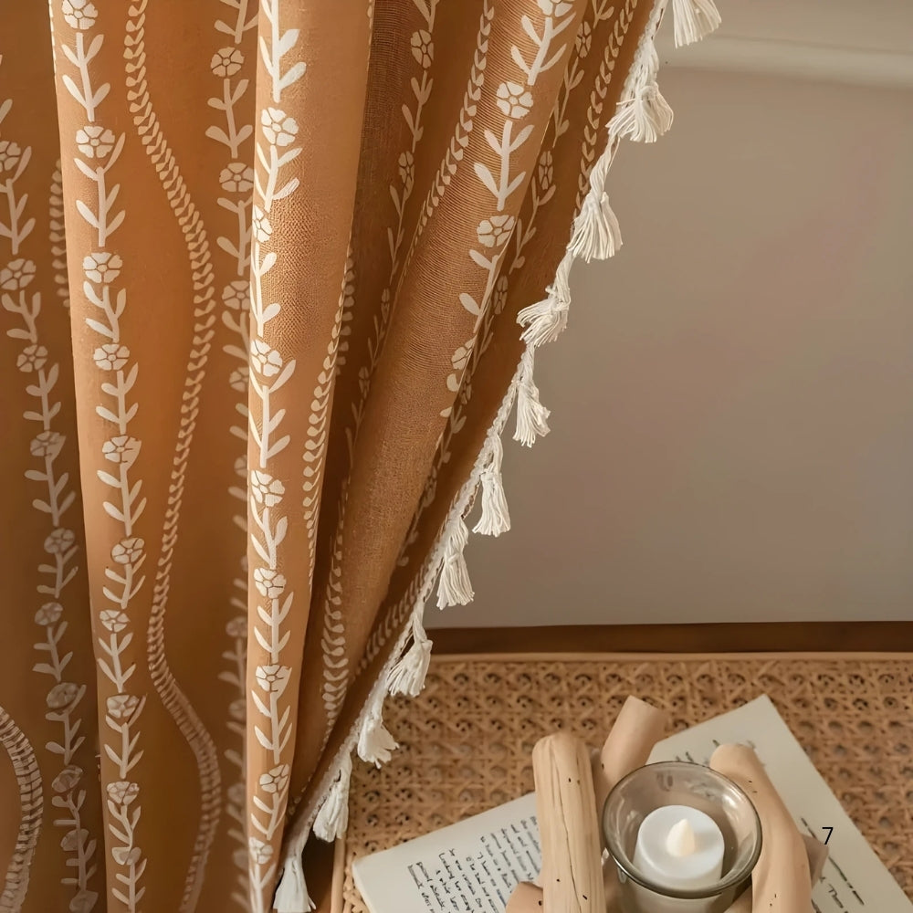 Wheat Magic: Curtain with Embroidery Pattern & Tassels – Decorative in Country House Style