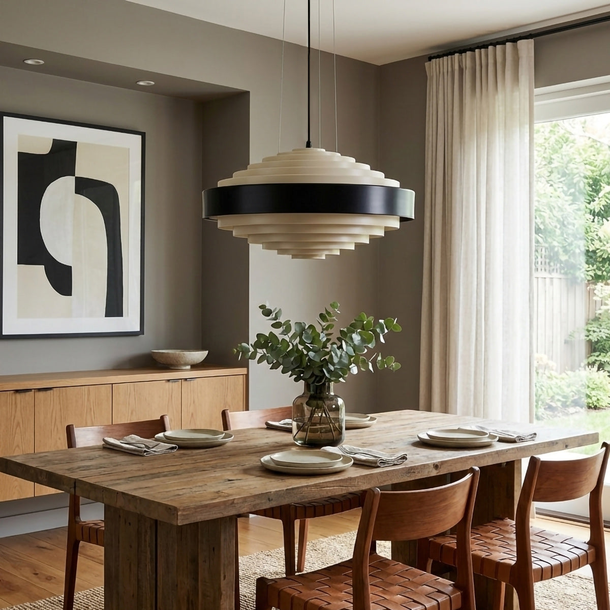 Layered Ring Disc Pendant Chandelier in Black & White